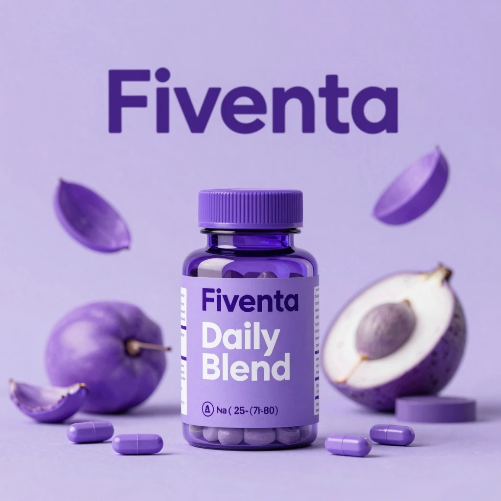 Fiventa Daily Blend supplement bottle with soft purple packaging